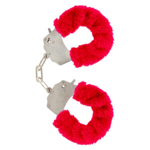 Poignets en fourrure rouge pour jeux érotiques