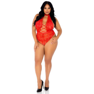Teddy en dentelle florale rouge sans entrejambe pour femme