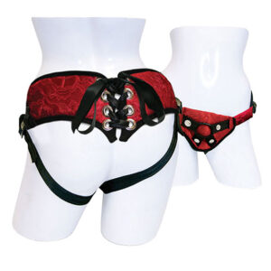 Corset en satin rouge avec dentelle et strap-on