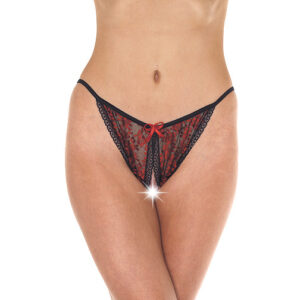 Tanga ouvert rouge et noir pour femme